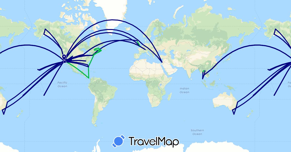 TravelMap itinerary: driving, bus in Australia, Canada, Switzerland, China, Fiji, France, United Kingdom, Israel, Laos, Netherlands, Panama, Thailand, United States (Asia, Europe, North America, Oceania)
